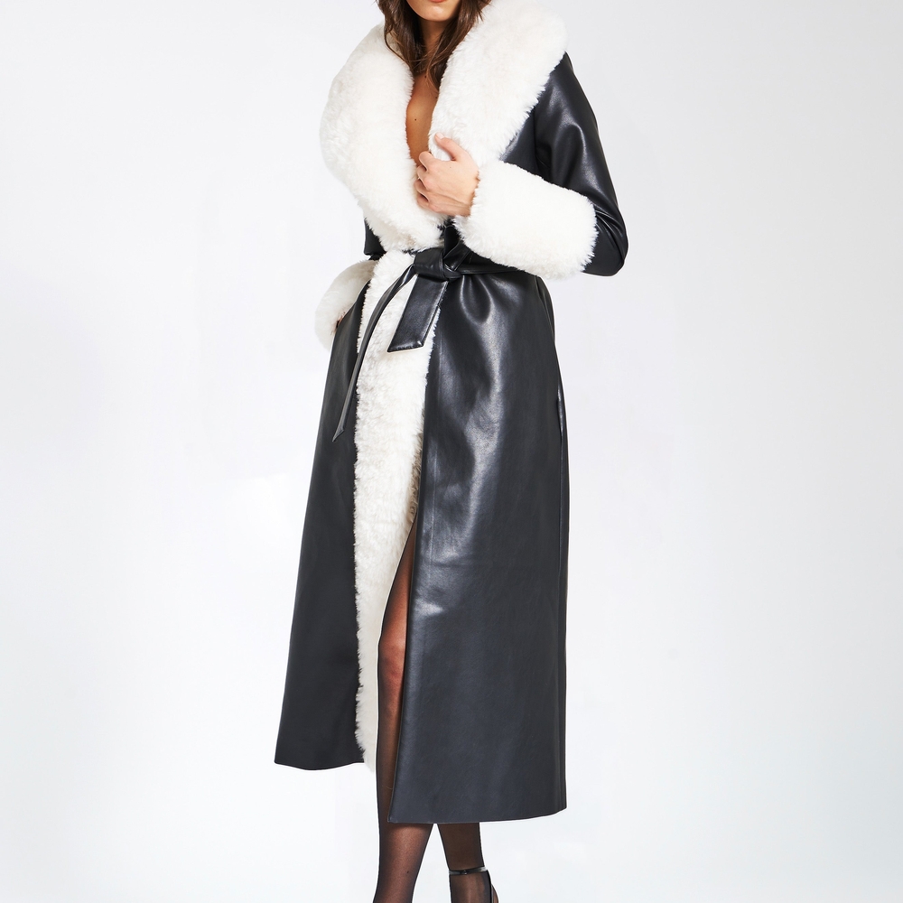 Zaida White Faux Fur Black Vegan Leather Coat